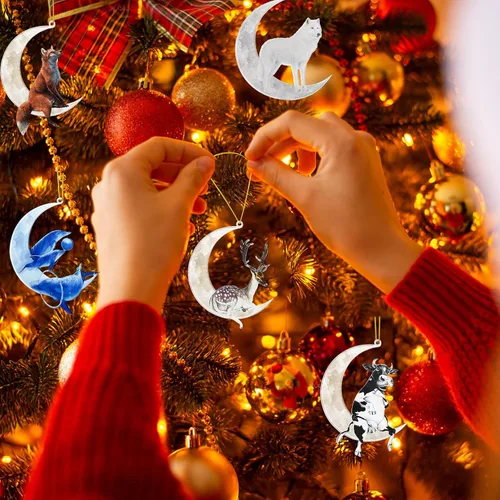 Miniatura 5 de Adornos para árbol de Navidad, animales sentados en la luna, colgante colgante de acrílico suave de doble impresión, para árbol de Navidad