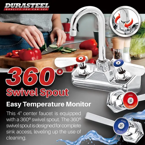 Miniatura 4 de DuraSteel Grifo de fregadero de cocina comercial, sin plomo, 4 pulgadas, montaje en pared central, grifo de fregadero de mano con boquilla de cuello