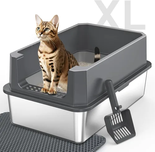 Caja de arena de acero inoxidable, cajas de arena extra grandes para gatos grandes, caja de arena de metal extragrande para gatos con tapa, caja XL