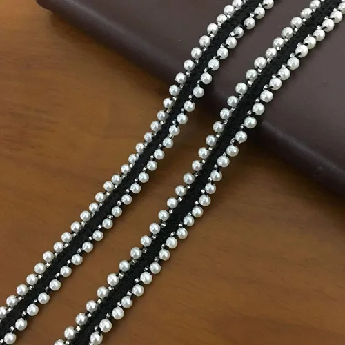 Miniatura 6 de FQTANJU 5 yardas de cinta de encaje con perlas de imitación y apliques de perlas para flecos para decoración de fiesta de boda, decoración