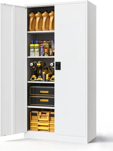 Miniatura 31 de Armario de almacenamiento de metal, archivador alto con 2 estantes ajustables y cajón, gabinete de herramientas de acero con cerradura para oficina