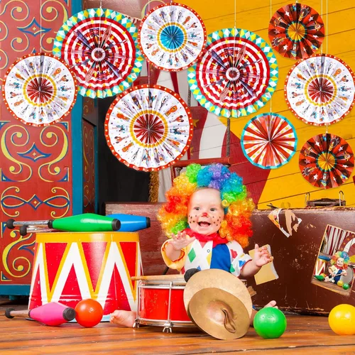 Miniatura 4 de Outus 18 abanicos de papel colgantes de carnaval, decoración de animales de circo, abanicos de papel, decoración de aula, carnaval, tema de circo