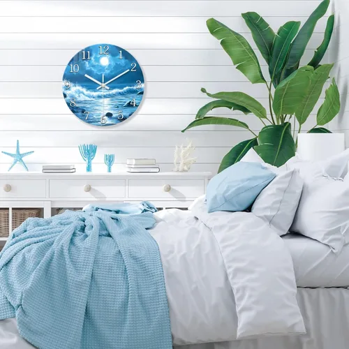 Miniatura 2 de XFM Reloj de pared azul con pilas, 12 pulgadas, silencioso, sin tictac, de cristal, luna, océano, ondas, relojes redondos para decoración de cocina
