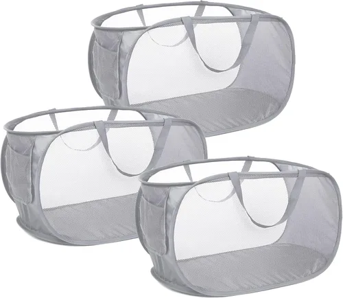 Miniatura 20 de Cesta de lavandería desplegable de malla resistente, cestas plegables con bolsillo lateral, cesta de ropa plegable con asas de transporte reforzadas