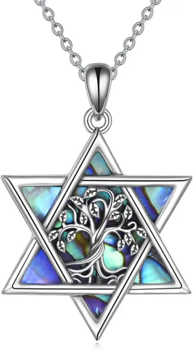 Miniatura 44 de YFN Collar de estrella de David de plata de ley, concha de abulón, árbol de la vida, joyería judía, regalos para mujeres y hombres