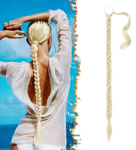 Miniatura 36 de Barsdar Extensión de 26 Pulgadas de Cola de Caballo Trenzada Larga con Banda Elástica - Extensiones de Cabello en Cola de Caballo Recta y Elegante