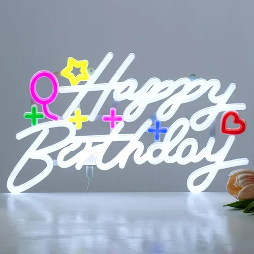 Letrero de neón de feliz cumpleaños, letrero con luz LED de feliz cumpleaños, luz de neón regulable alimentada por USB, letrero de neón de
