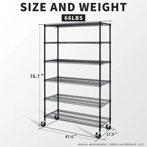 Miniatura 3 de HCY Estantería de almacenamiento de 6 niveles de alta resistencia, estante de almacenamiento de metal ajustable en altura NSF con ruedas para Negro