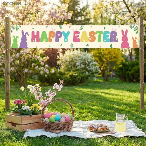 Miniatura 5 de KatchOn, Cartel de feliz Pascua para exteriores – Extra grande de 120 x 20 pulgadas Decoraciones de Pascua al aire libre para el hogar