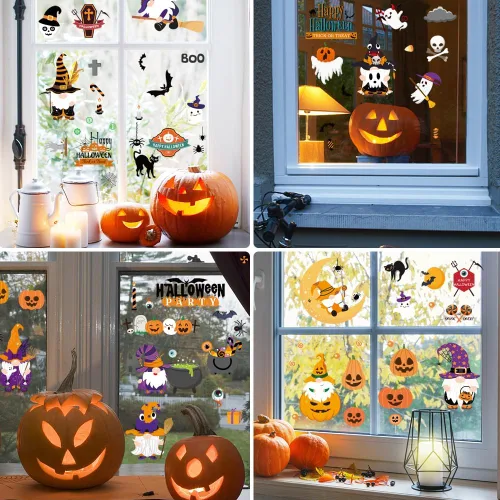 Miniatura 7 de AUAUY Decoración de ventana de Halloween, 9 hojas, 70 unidades, calcomanías para ventana, imágenes de ventana de doble cara con calabaza