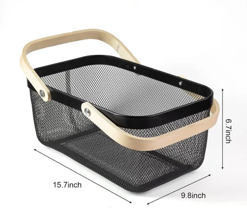 Miniatura 3 de Cesta portátil de cosecha de jardín, diseño de malla, cesta de almacenamiento de alambre con mango de bambú natural, cesta de malla con asa