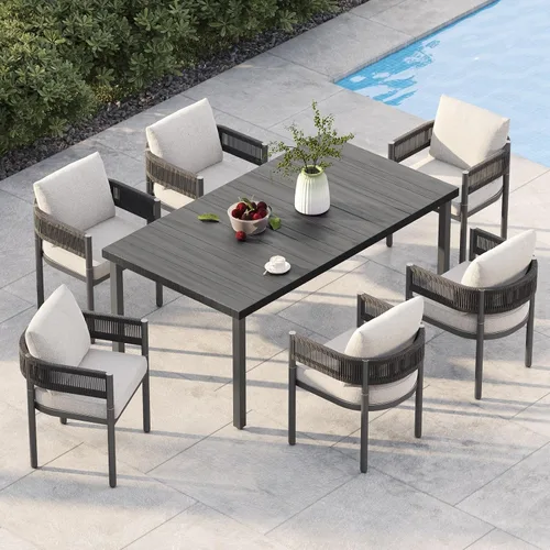 Miniatura 31 de Juego de comedor al aire libre Grand Patio de 5 piezas para 4, sillas de patio fijas de mimbre tejido metálico con cojines engrosados y 1 mesa