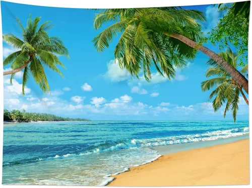 Miniatura 4 de HVEST Tapiz de playa para colgar en la pared, paisaje tropical azul océano, tapiz natural para dormitorio, palmera verde con cielo azul, nube