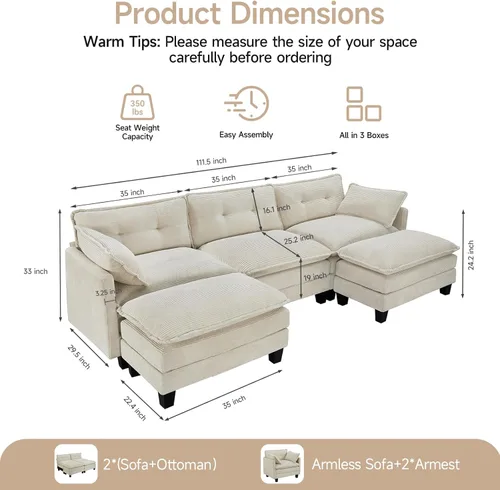 Miniatura 2 de Amsleekey Sofá Seccional Modular, 111.5" en Forma de U de Pana Cómodo Sofás Seccionales para Sala de Estar, Sofás Nube de 3 Plazas con 2 Otomanas