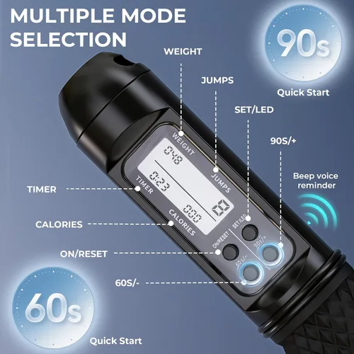 Miniatura 3 de Cuerda de saltar inteligente con pantalla LED y contador de saltos, diseño inalámbrico con peso para gimnasio en casa y HIIT, alambre de acero