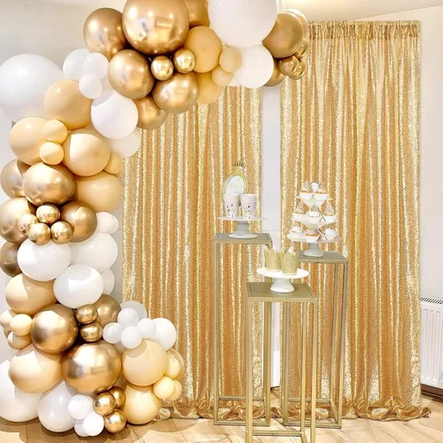 Miniatura 7 de Cortinas con lentejuelas doradas, 2 unidades de 2 x 8 pies, con brillantina, telón de fondo para bodas Dorado