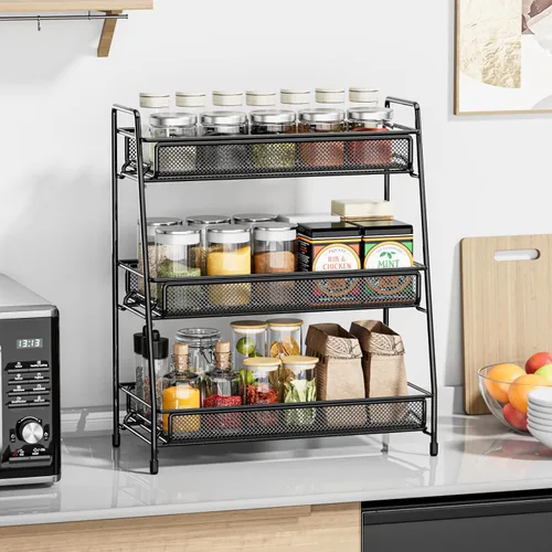 Miniatura 4 de EKNITEY Organizador de encimera de baño - Estante de especias de 3 niveles, estante de maquillaje de metal, pequeño organizador de perfume para Negro