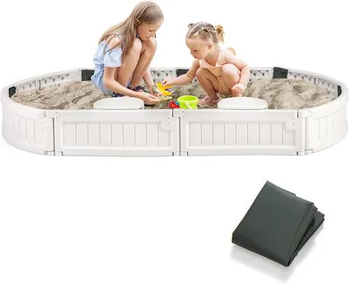 Costzon Caja de arena para niños con cubierta, asiento integrado desmontable, forro inferior, kit de caja de arena para exteriores resistente a la