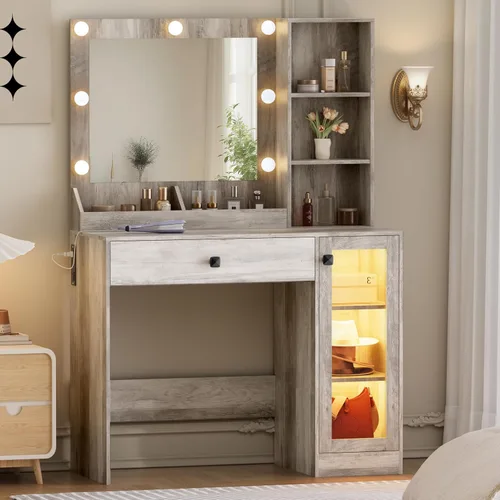 Miniatura 12 de Thacuok Tocador de maquillaje negro con espejo y luces, tocador de 34 pulgadas de ancho con estación de carga y gabinete de vidrio RGB, pequeño