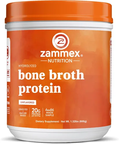 Zammex Polvo de Proteína de Caldo de Hueso de Vaca Alimentada a Pasto Puro, 20g de Proteína, Suplemento de Colágeno Hidrolizado para Piel, Uñas,