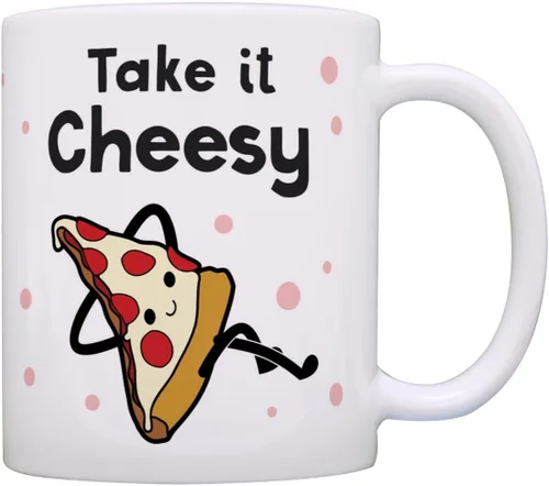 Taza divertida con temática de pizza, taza de café de cerámica con asa de 11 onzas, color blanco