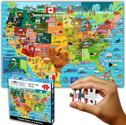 Think2Master Mapa de Estados Unidos 250 piezas rompecabezas divertido juguete educativo para niños 8-10 10-12, escuela y familias. Gran regalo para