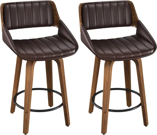 Miniatura 10 de Juego de taburetes de bar de 1, taburetes de bar giratorios de 26" de altura de mostrador con respaldo y patas de madera curvada de nogal, sillas