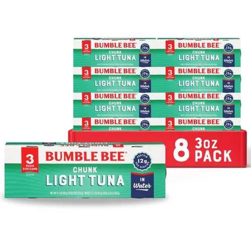 Bumble Bee Chunk Light Atún en agua, latas de 3 onzas (paquete de 24) – Atún capturado silvestre – 0.42 oz de proteína por porción, proyecto