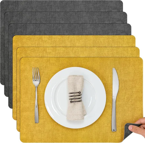 Miniatura 48 de Myir JUN Juego de 6 manteles individuales de doble cara, de piel sintética, para interiores, para mesa de comedor, exteriores, cuadrados, Negro