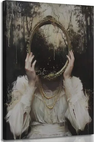 Lienzo gótico victoriano para pared, mujer elegante con perlas y detalles de encaje, pintura, obra de arte Dark Academy, decoración de pared, Marrón