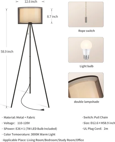 Miniatura 5 de KDG Lámpara de pie moderna, lámpara de trípode alta para sala de estar, dormitorio, oficina; pantalla de tela, bombilla LED, luz cálida (negro)