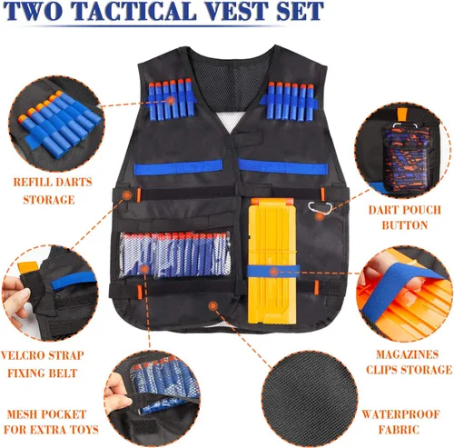 Miniatura 2 de Paquete de 2 chalecos tácticos para niños, juego de pistolas Nerf N-Strike Elite Series Wars con dardos de repuesto, clips de recarga, bolsa