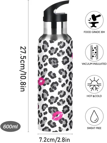 Miniatura 9 de Bold Black Gray Leopard Spots White Stainless Steel Vacuum Insulated Water Bottle 20 Oz Leakproof Water Bottles, BPA-Free Sports Water Bottle