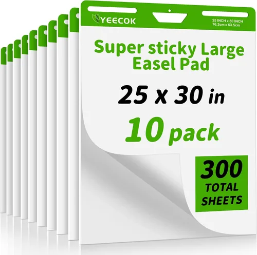 YEECOK Super Sticky Easel Pad, 25 x 30 Inches, 30 Sheets/Pad, 10 Pads (300 Sheets), Thick 100gsm Flip Chart Paper, Self-Stick Anchor Chart for