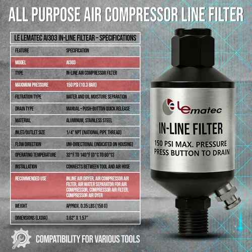 Miniatura 7 de LE LEMATEC Separador de Agua del Compresor de Aire - Trampa de Humedad en Línea de 1/4 NPT, Secador de Aire para Herramientas Neumáticas, Pistola