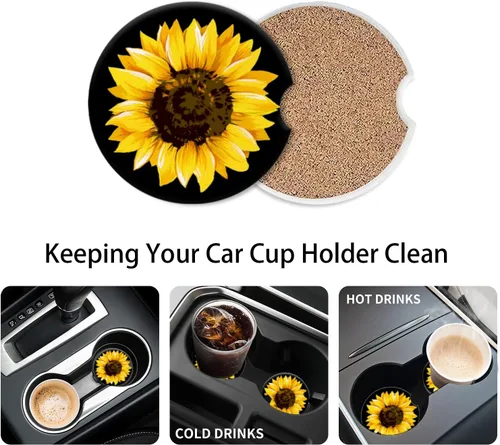 Miniatura 5 de Portavasos para automóvil, elegantes posavasos de cerámica con estampado de girasol, inserto antideslizante con agarre para la punta del dedo