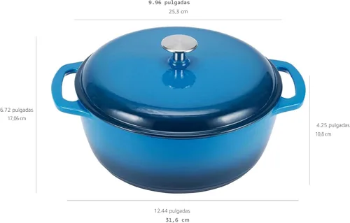 Miniatura 4 de Amazon Basics Olla de horno holandés de hierro fundido con tapa, esmaltada, redonda, doble asa, resistente, pequeña, 4.3 cuartos de galón, azul