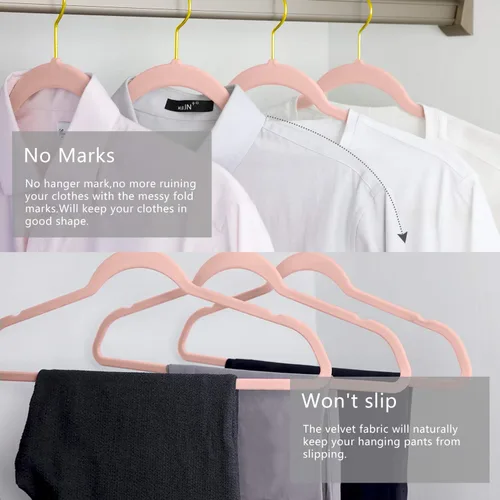 Miniatura 4 de MIZGI Perchas de terciopelo prémium (paquete de 50) resistentes y antideslizantes, perchas de terciopelo rosa rubor - ganchos dorados, perchas