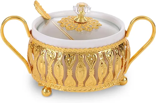 Miniatura 9 de Flylin Azucarero, azucarero turco con tapa y cuchara para galletas de caramelo, miel, tarro de condimentos de vidrio vintage dorado para el hogar y 5