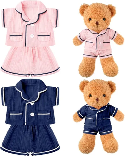 Hungdao 2 juegos de ropa para osos, accesorios de animales de peluche, pijamas de oso de color rosa y azul, ropa de dos capas de muselina, pijamas