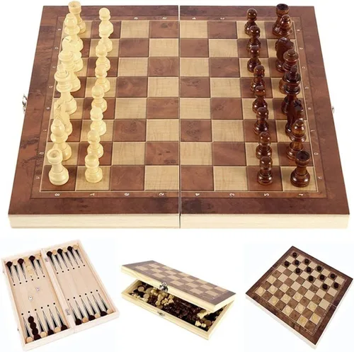 Juego de tablero de ajedrez de madera plegable – Juego de mesa de ajedrez 3 en 1 para adultos y niños (backgammon, damas), exquisito juego de