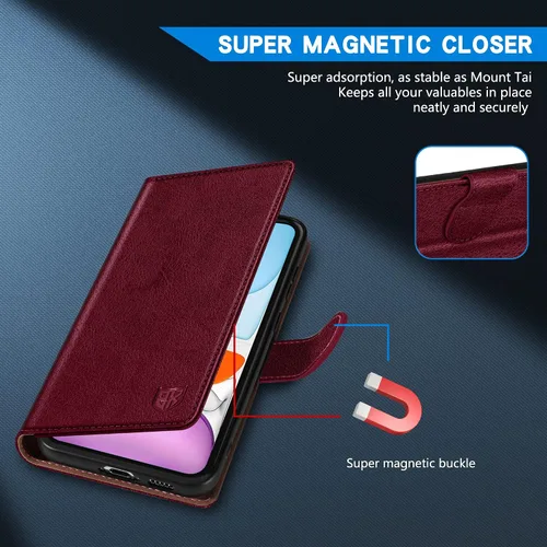 Miniatura 3 de ZZXX Funda tipo cartera para iPhone 11 con bloqueo RFID, ranura para tarjetas, función atril, cierre magnético, funda protectora de cuero para Rojo
