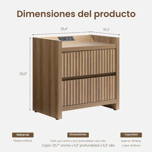 Miniatura 2 de SICOTAS Juego de 2 mesitas de noche flúidas con estación de carga, moderna mesita de noche de 2 cajones, mesa auxiliar de noche de 25 pulgadas