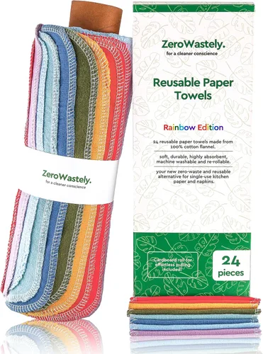 Toallas de papel reutilizables, paquete económico de 24 toallas de papel sin papel. 100% algodón, súper suaves, absorbentes, lavables y hechas para