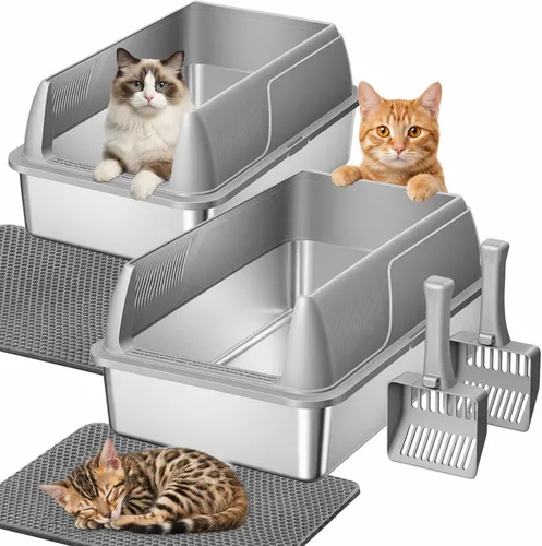 Miniatura 10 de Gimars Paquete de 2 cajas de arena de acero inoxidable XL para gatos grandes y mayores, bandeja de arena de metal para gatos múltiples con lados