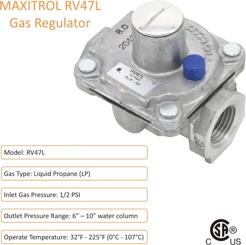 Miniatura 4 de Maxitrol RV47L Regulador de presión de gas propano líquido, rosca FPT de 1/2 pulgada, apertura de entrada y salida de 13/16 pulgadas, 1/2 PSIG