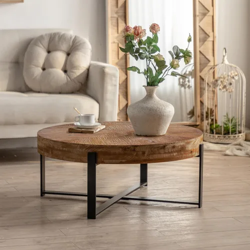 Miniatura 6 de Mesa de café redonda moderna retro con empalmes de 31.29", tablero de madera de abeto con base de patas cruzadas negras Negro (31.1 in)