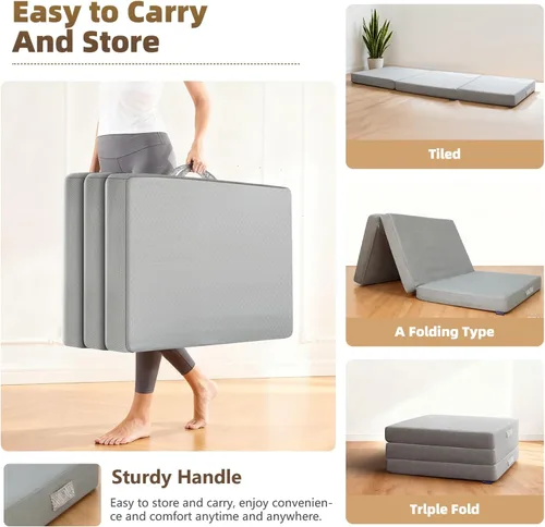 Miniatura 4 de Colchón triple de espuma viscoelástica, cama individual portátil de 4 pulgadas, tapete plegable con funda lavable, asa y parte inferior