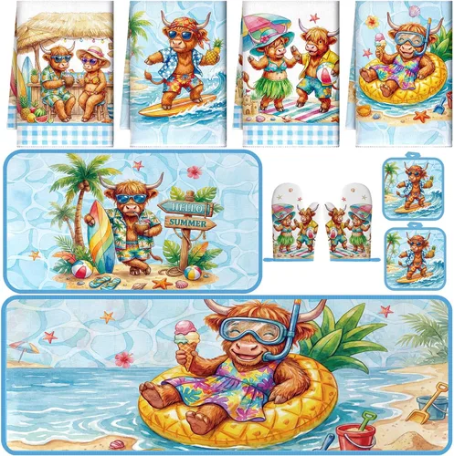 Miniatura 11 de Fourluoo Juego de 10 piezas de decoración y accesorios de cocina de granja, 4 toallas de cocina, 2 soportes para ollas, 2 guantes de horno, 2 Verde