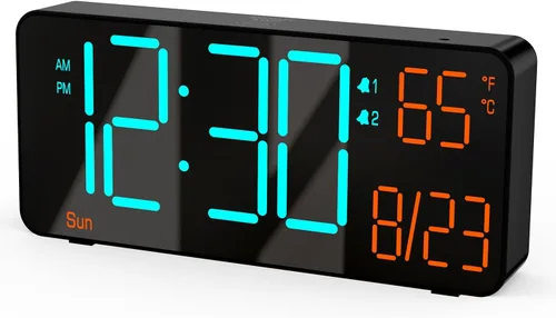 KOSUMOSU Reloj digital para dormitorio de 6.7 pulgadas, despertador para sala de estar, atenuación automática, fecha, semana, segundos, temperatura